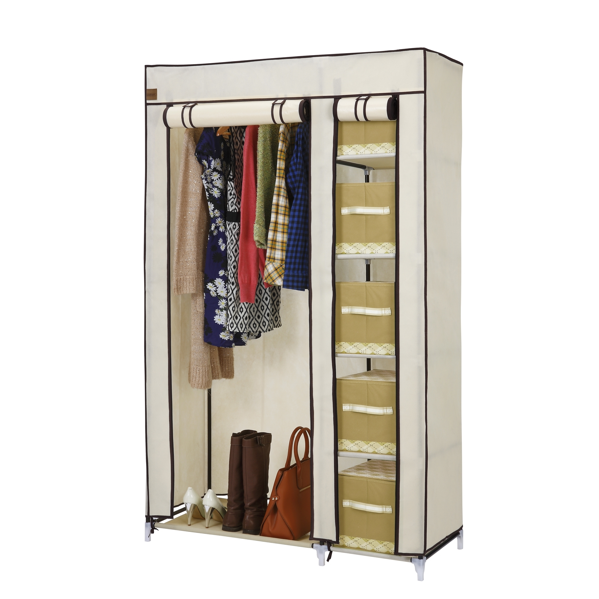2017 Vonhaus Double Canvas Effect Wardrobe Clothes Hanging Rail Shelves With Double Clothes Rail Wardrobes (View 1 of 15)