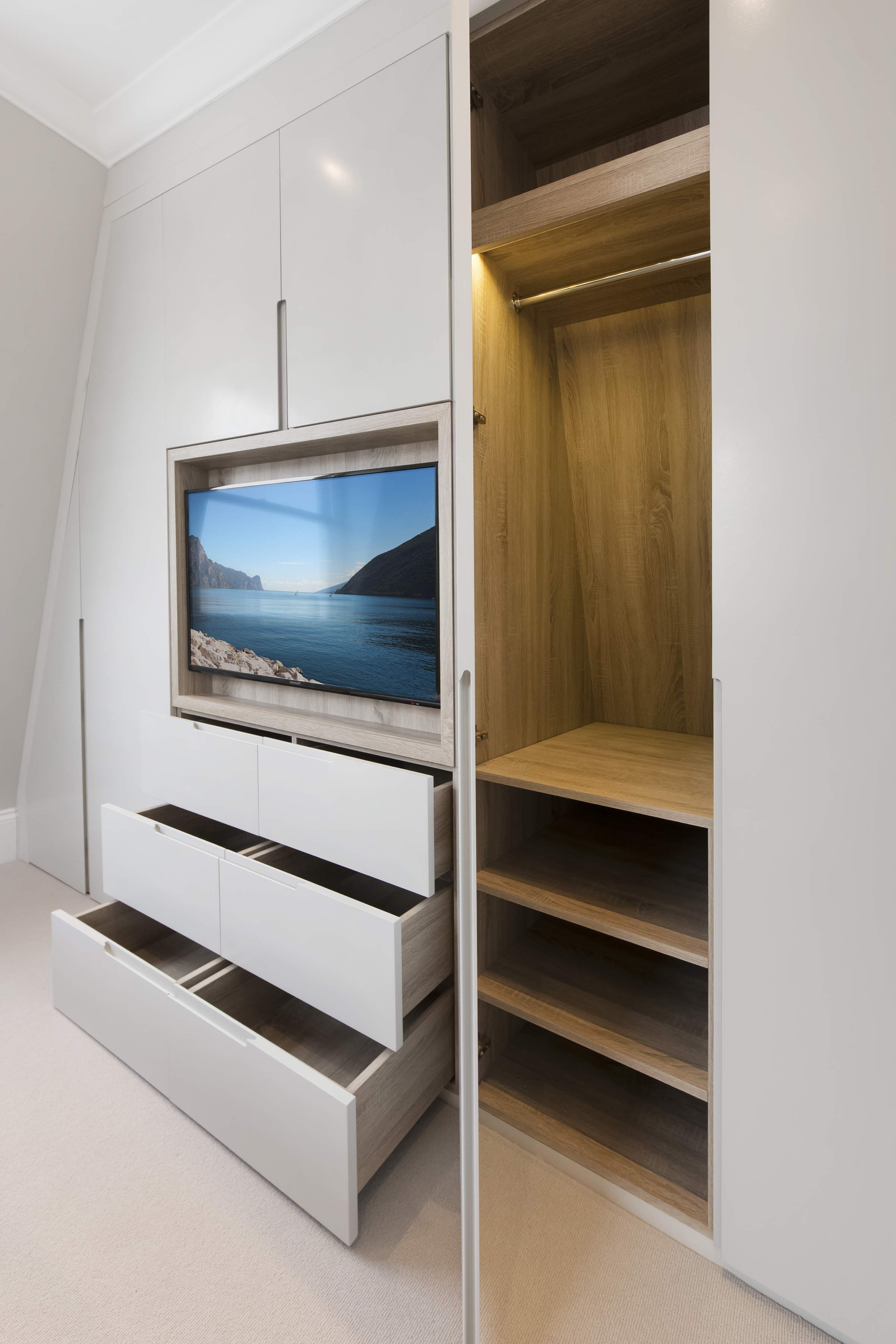 Bespoke Joinery Unit With Timber Lined Tv Recess. Handless Sprayed Within Well Liked Built In Wardrobes With Tv Space (Photo 13 of 15)