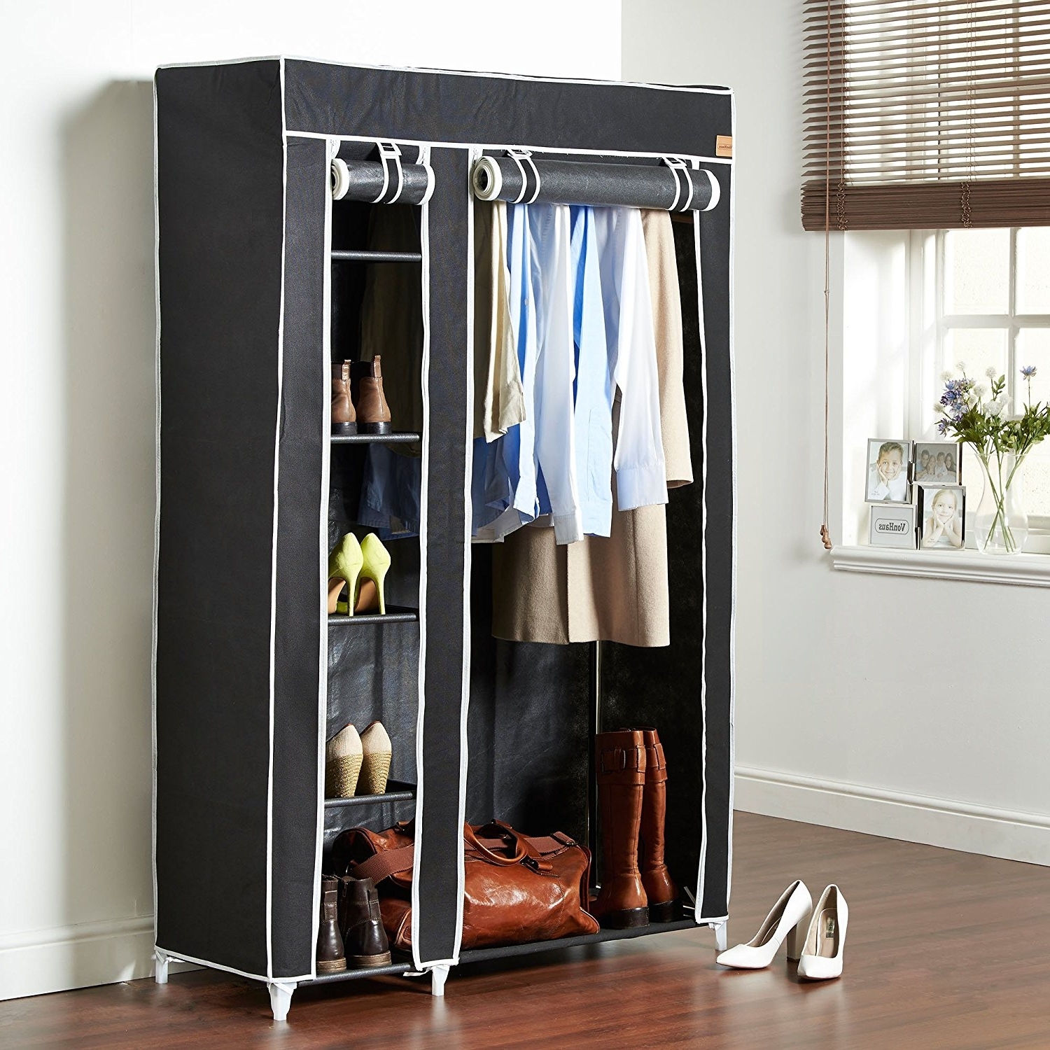 Double Black Covered Tidy Rail Wardrobes Throughout Popular Vonhaus Double Canvas Effect Wardrobe – Clothes Storage Cupboard (Photo 8 of 15)