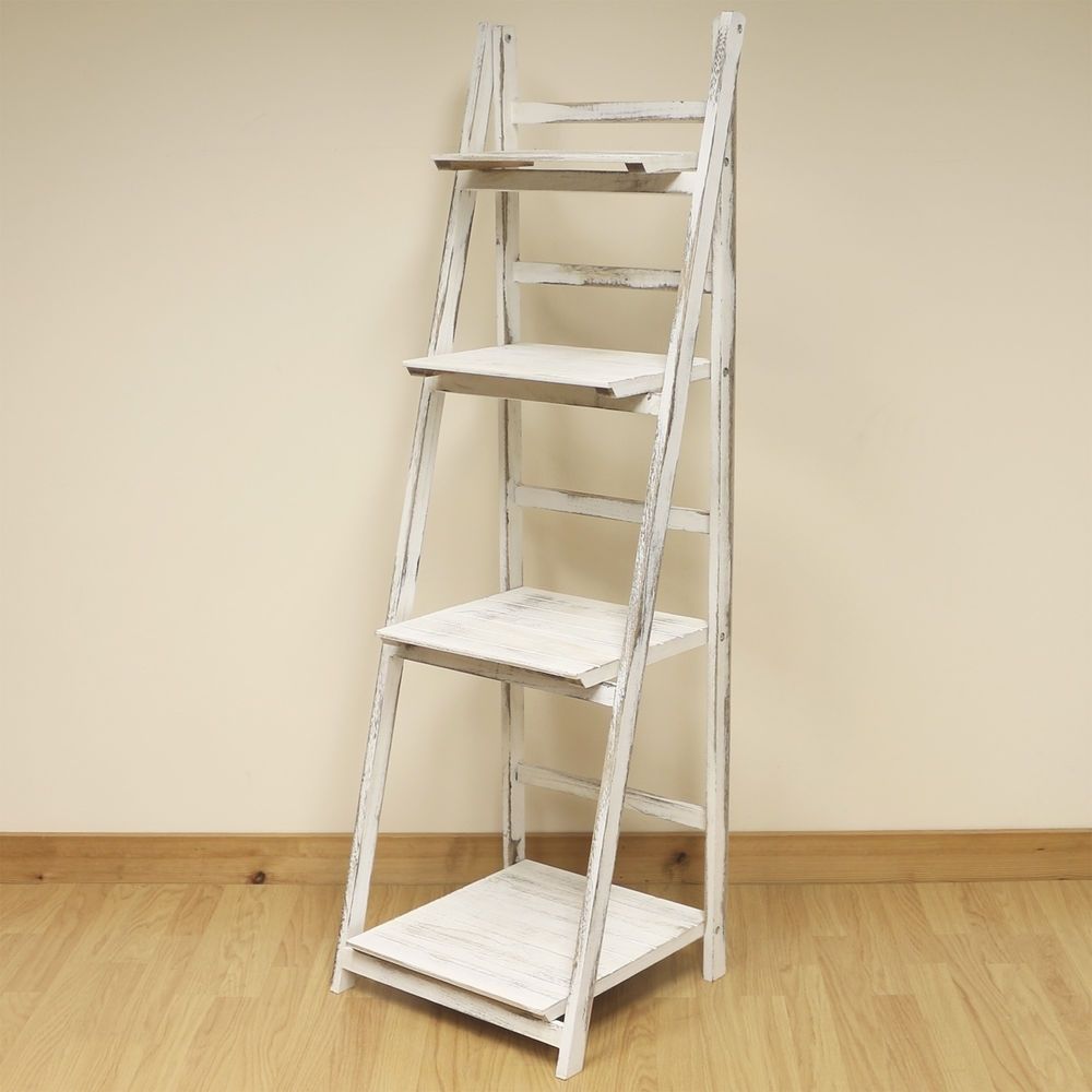 Free Standing Book Shelf With Regard To 2017 4 Tier White Wash Ladder Shelf Display Unit Free Standing/folding (View 13 of 15)