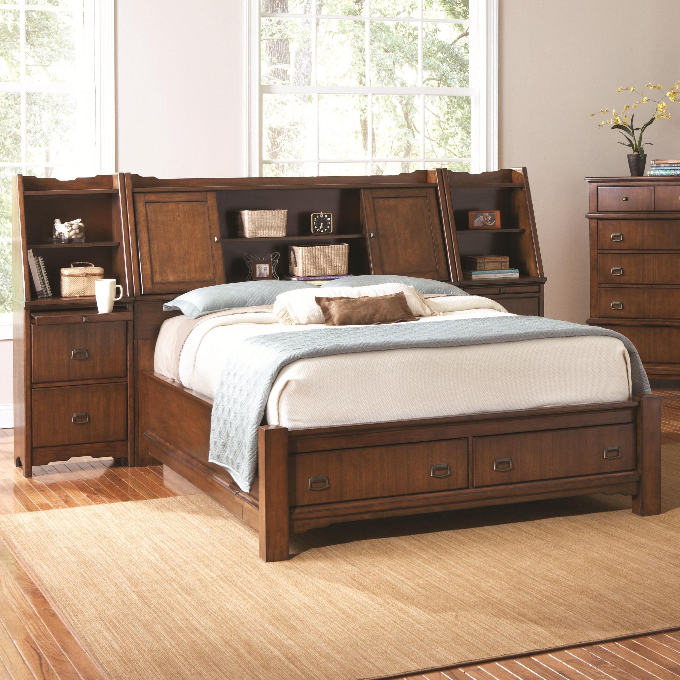 King Size Bookcases Headboard With Well Known Bed Frames : Modern Dark Brown Wooden Storage Frame With Lighted (View 10 of 15)
