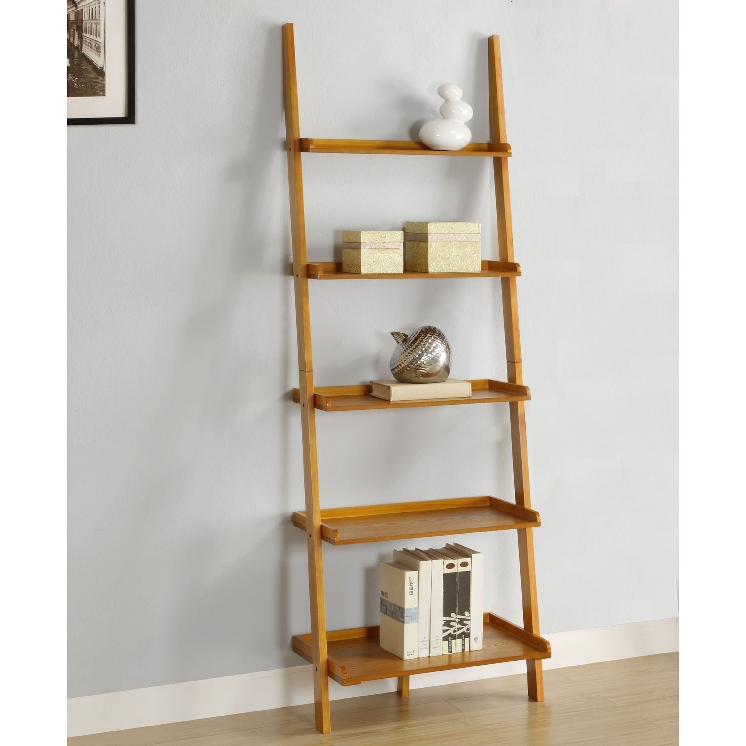 Ladder Shelves With Regard To Latest Amazon: Mintra Oak Finish 5 Tier Ladder Book Shelf: Kitchen (Photo 1 of 15)