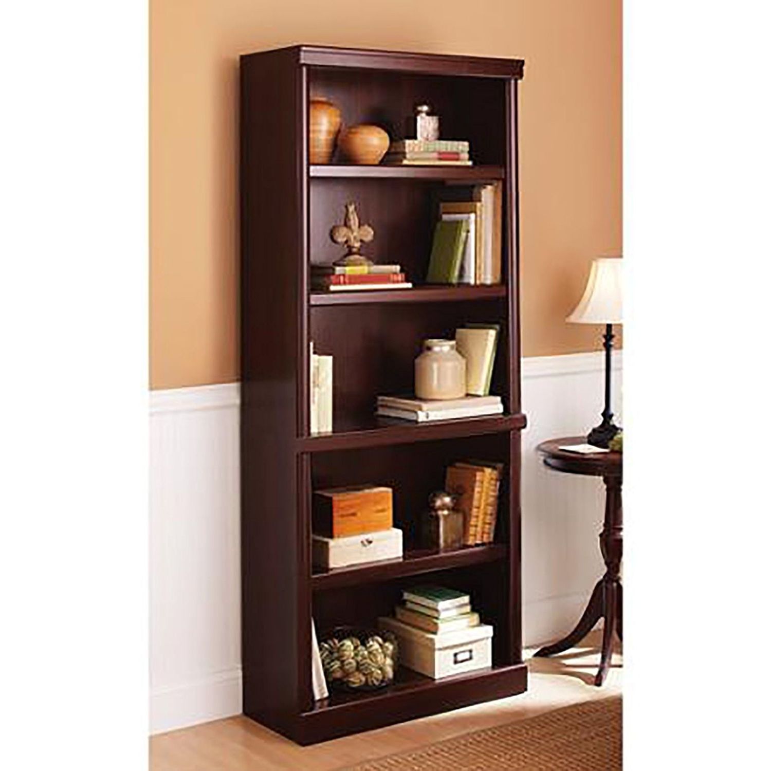 Most Popular High Quality Bookshelves With Amazon: 5 Shelf Cherry Bookcase Wooden Book Case Storage (View 4 of 15)