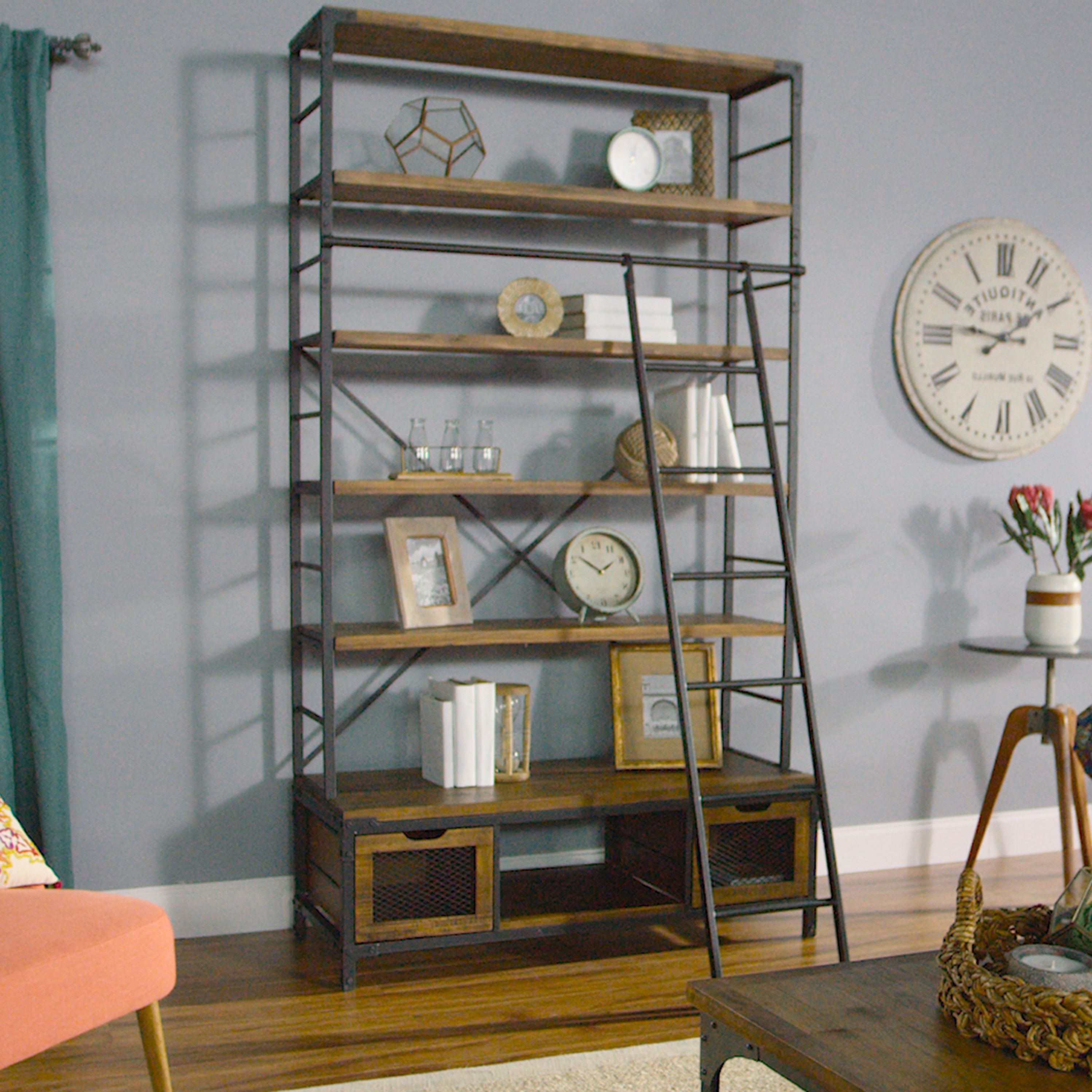 Recent Iron And Wood Bookcases With Regard To Wood And Metal Bookcase With Ladder (View 11 of 15)