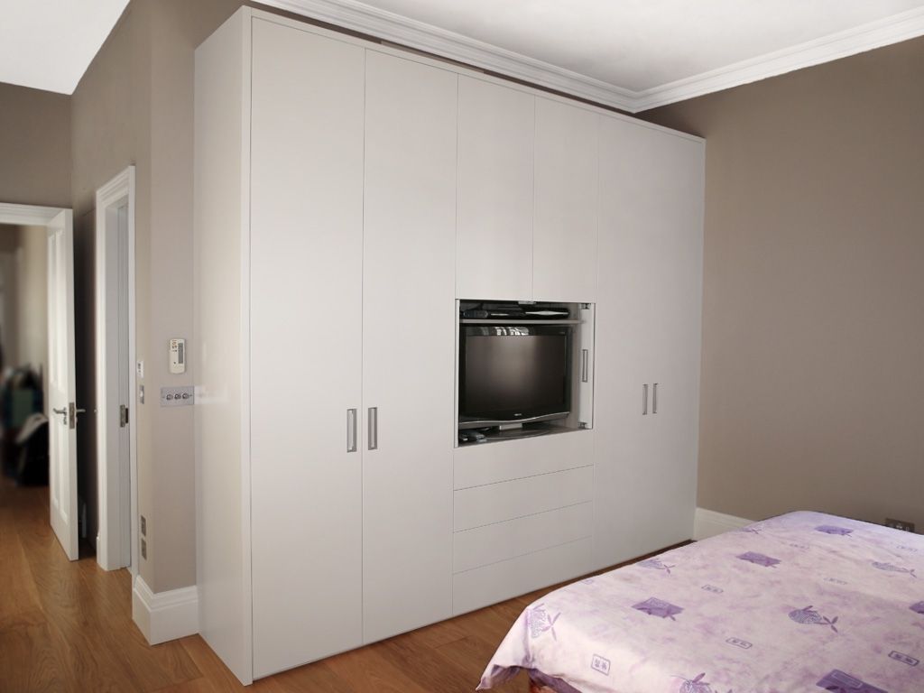 Trendy Bespoke Built In Furniture Throughout 2 Built In Bespoke Fitted Wardrobe Tv White Wood Modern Bedroom (View 7 of 15)