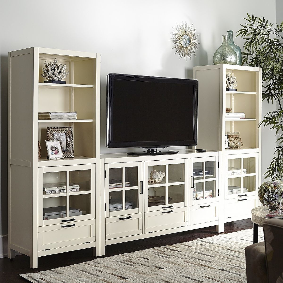 Tv Stand Bookcases Intended For Preferred Sausalito Bookcase & Media Tower – Antique White (View 15 of 15)