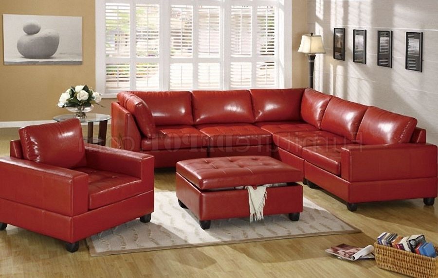 2017 Red Leather Sectional Sofas With Ottoman Regarding Red Bonded Leather 5pc Modular Sectional Sofa W/storage Ottoman (View 1 of 10)