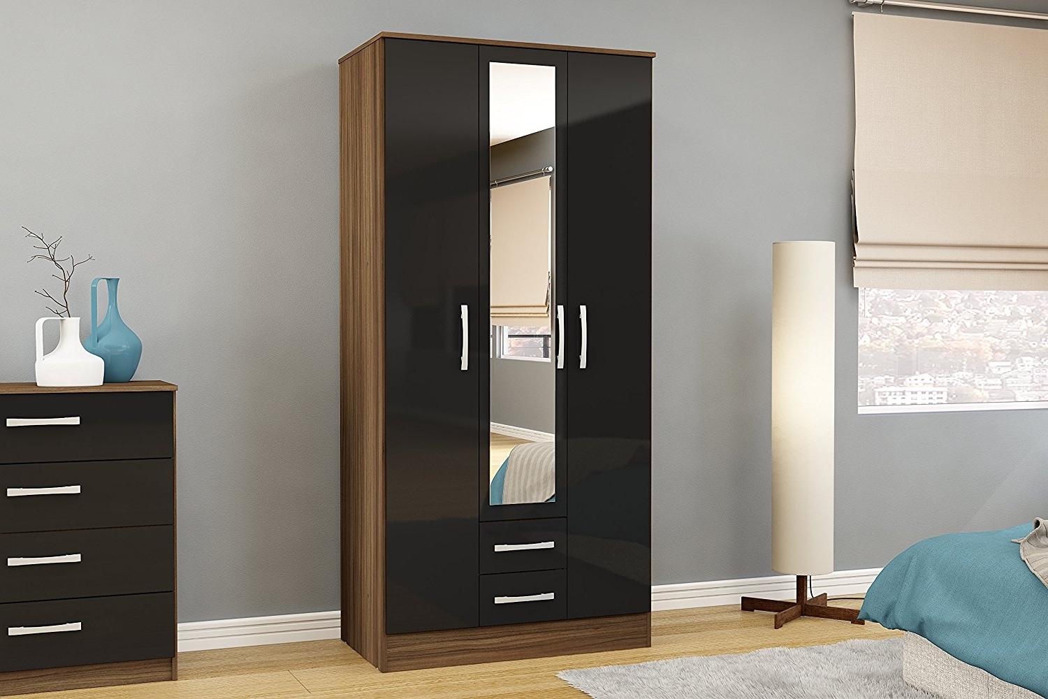 3 Door Black Wardrobes With Current Birlea Lynx 3 Door 2 Drawer Wardrobe With Mirror – High Gloss (Photo 5 of 15)