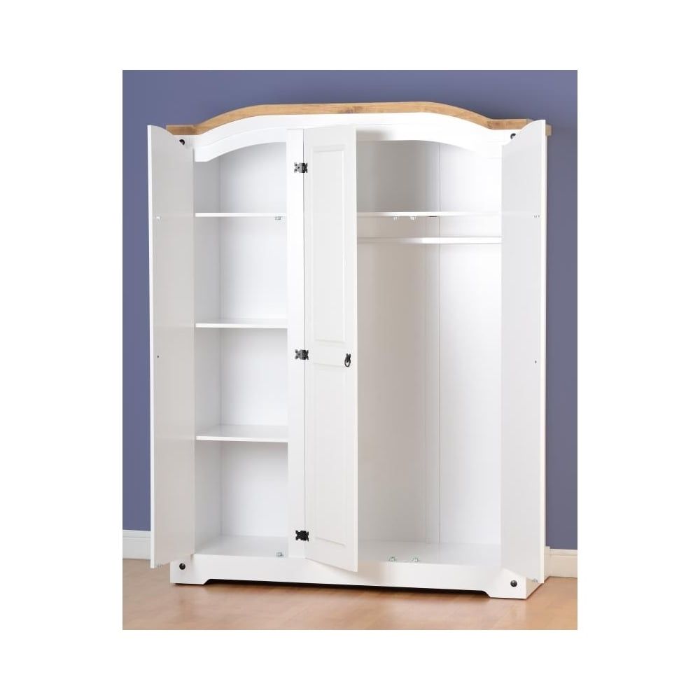 3 Door Wardrobe In White/distressed Waxed Pine (View 13 of 15)