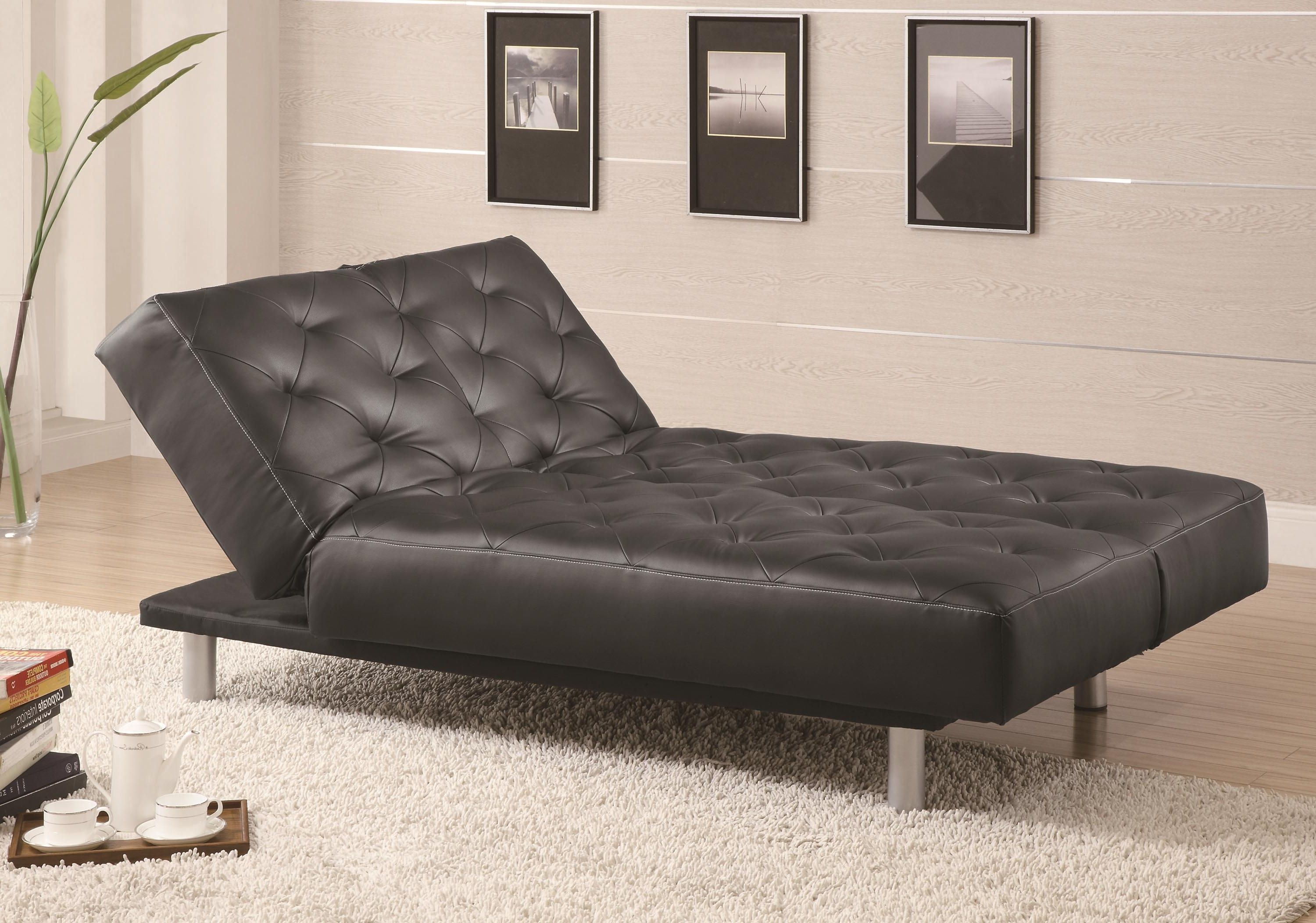 Black Leather Chaises Inside Most Current Oversized Black Leather Tufted Chaise Lounge With Chrome Legs (Photo 13 of 15)