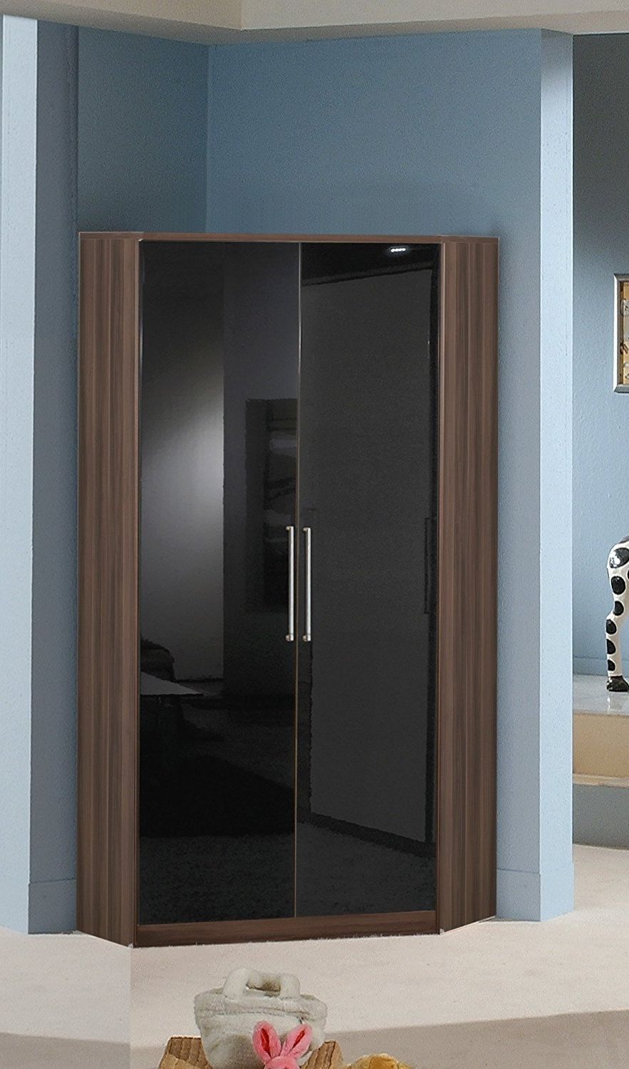 Black Shiny Wardrobes For Well Known Dresden 2 Door Corner Wardrobe Black Gloss And Walnut  (View 6 of 15)
