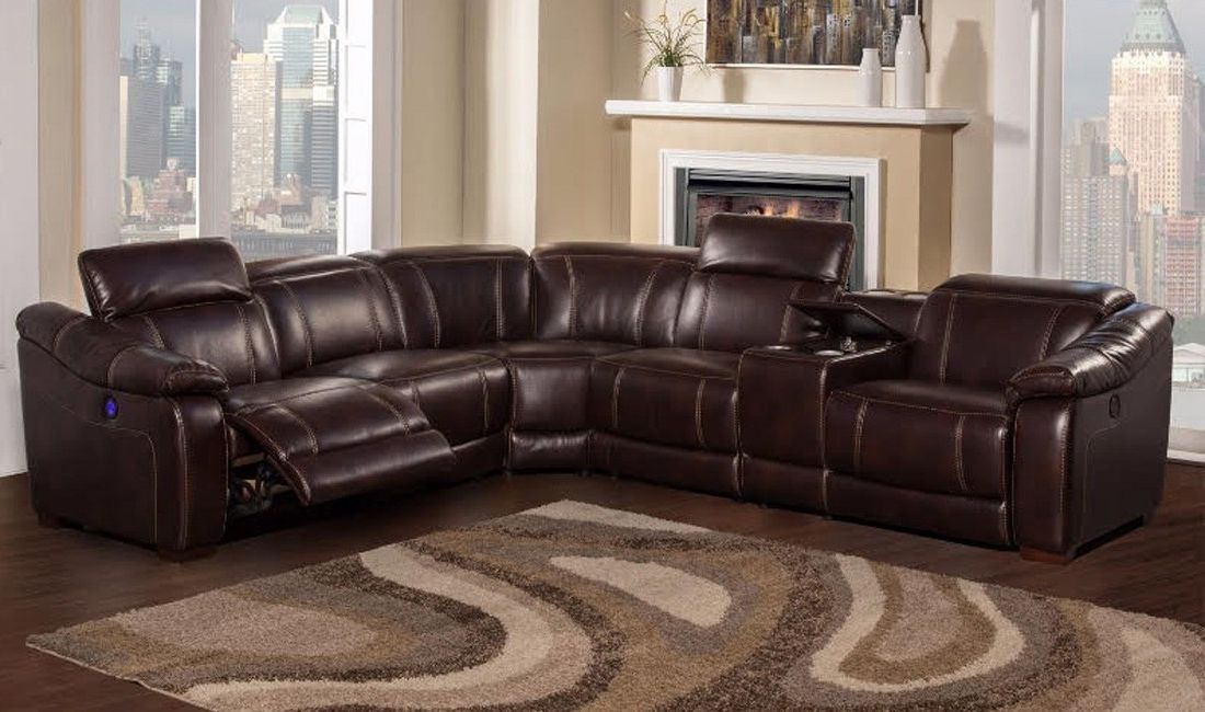 Brooklyn Brown Reclining 6 Piece Sectional Sofa With Bluetooth In Latest 6 Piece Leather Sectional Sofas (View 1 of 15)