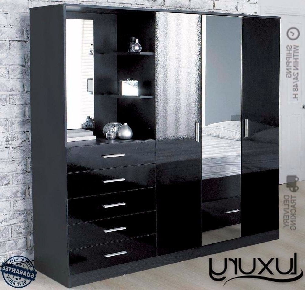 Famous High Quality Combi Unit 3 Door Mirrored Black Gloss Wardrobe 5 In Black High Gloss Wardrobes (View 13 of 15)