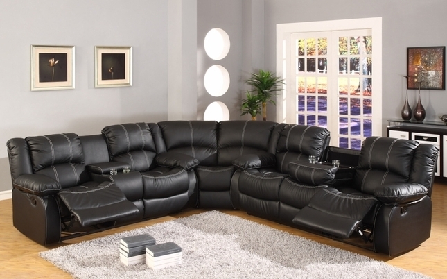 Favorite Motion Sectional Sofas Regarding Faux Leather Reclining Motion Sectional Sofa W/ Storage Console (Photo 8 of 10)