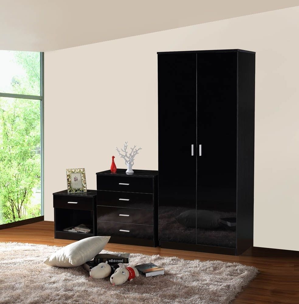 Gladini Black High Gloss 3 Piece Bedroom Furniture Set – Wardrobe Inside Most Up To Date White Gloss Wardrobes Sets (View 10 of 15)