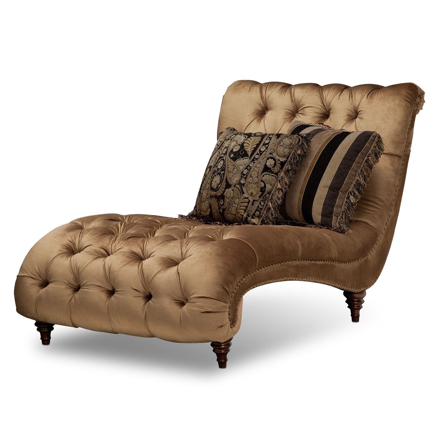 Gold Tufted Chaise Lounge Chair With Accent Pillows In Bedroom Intended For Most Recently Released Tufted Chaise Lounge Chairs (View 11 of 15)