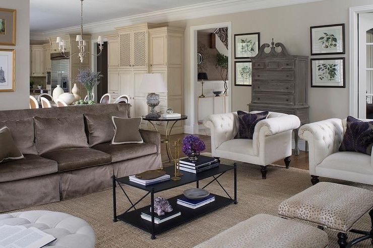 Latest Brown Sofa Chairs Intended For Brown Sofa With White Accent Chairs – Transitional – Living Room (View 1 of 10)