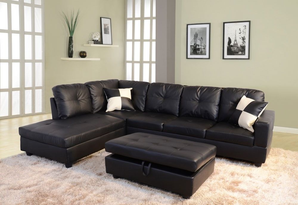 Leather Sectional Sofas With Ottoman Inside Fashionable Low Profile Black Faux Leather Sectional Sofa W/ Right Arm Chaise (Photo 1 of 10)