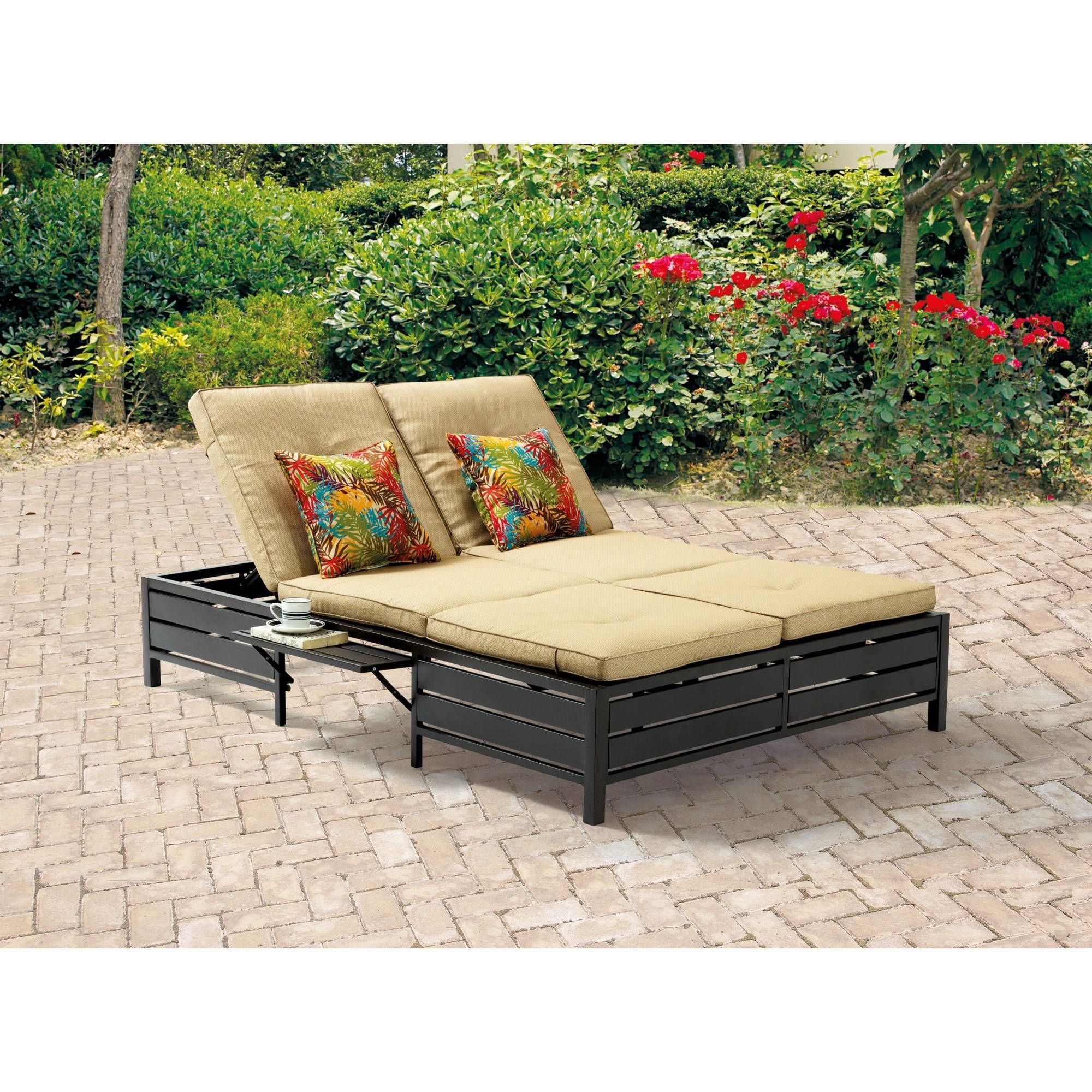 Mainstays Outdoor Double Chaise Lounger, Tan, Seats 2 – Walmart Regarding Most Current Double Chaise Lounges For Outdoor (View 14 of 15)