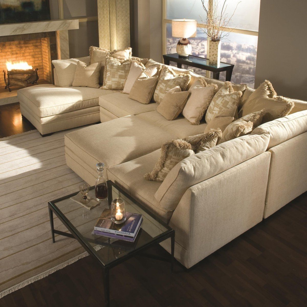 Most Popular Chaise Lounge Sectionals Pertaining To Light Brown Sectional Fabric Sofa With Two Chaise Lounge And Piles (Photo 11 of 15)