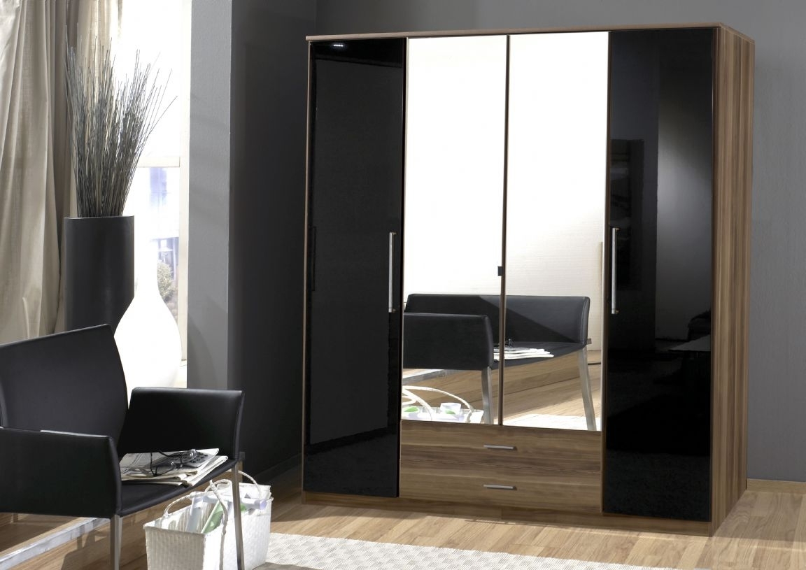 Popular Dresden 3 Door German Wardrobe Black Gloss And Walnut 136482 With Black Gloss Wardrobes (Photo 1 of 15)