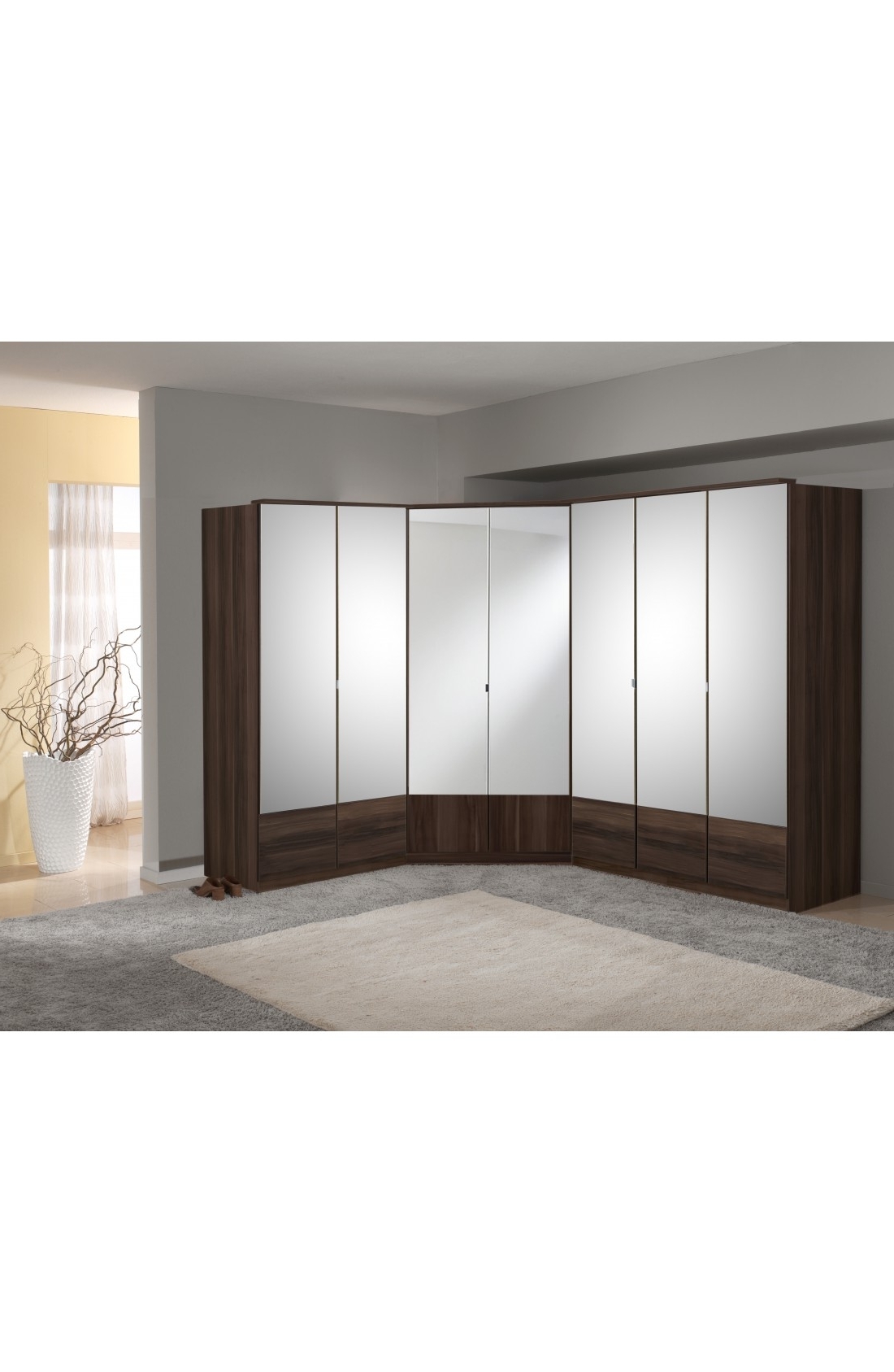 Slumberhaus 'imago' 7 Door Corner Wardrobe Fitment With Walnut And Within Best And Newest Corner Mirror Wardrobes (View 8 of 15)