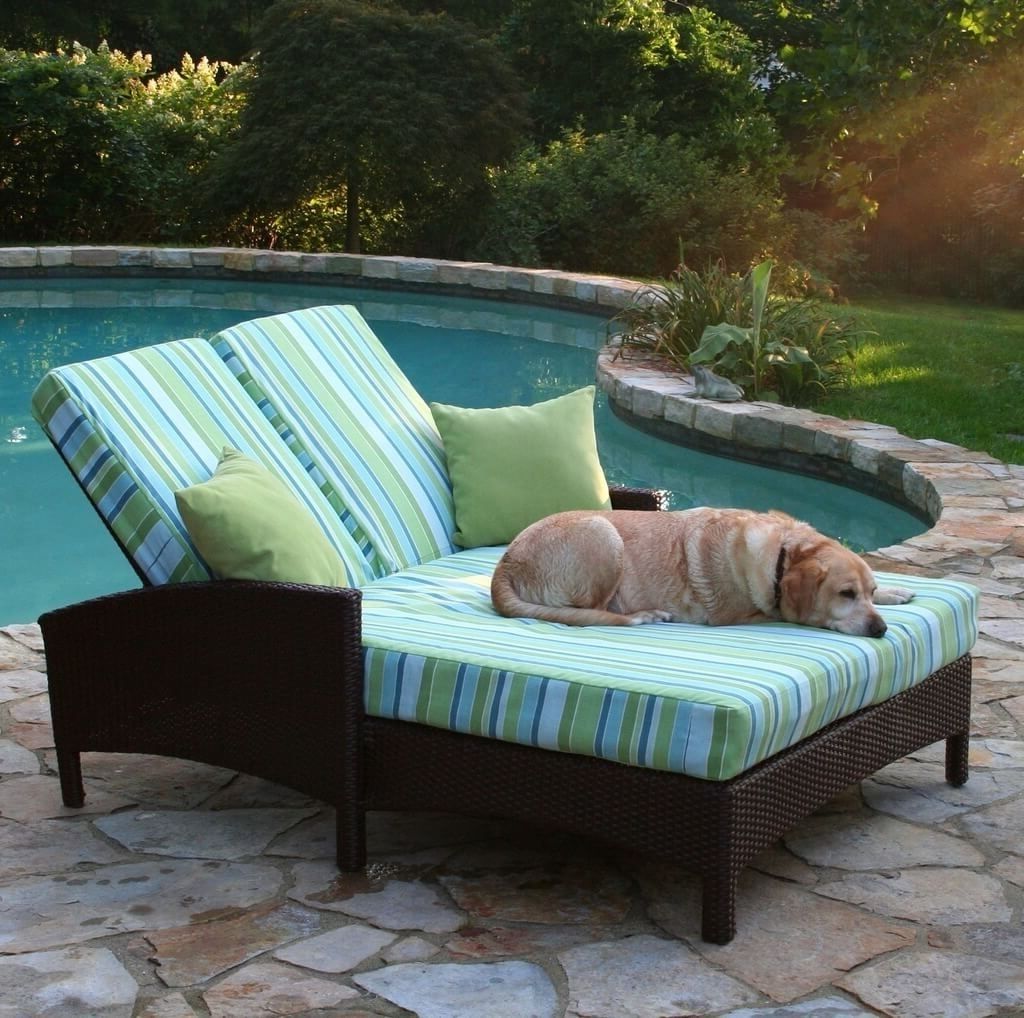 Trendy Double Outdoor Chaise Lounges Regarding Outdoor: Outdoor Wicker Double Chaise Lounge With Stripped Cushion (Photo 6 of 15)