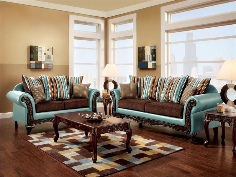 Two Tone Sofas With Regard To Fashionable Mulligan Two Tone Teal Brown Carved Wood Trim Rolled Arm Sofa Set (View 10 of 10)