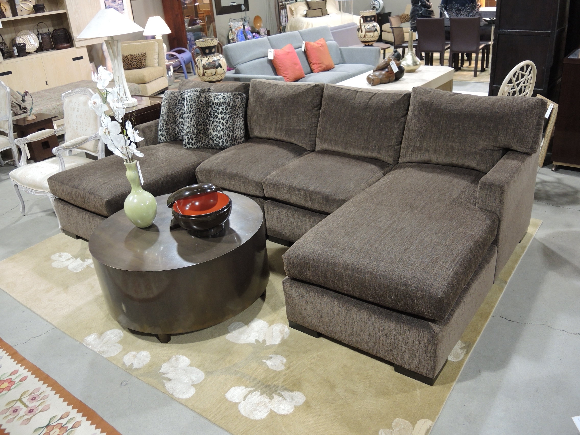 U Shaped Gray Sofa With Double Chaise Lounge And Leopard Accent In Most Recent Double Chaise Lounge Sofas (View 6 of 15)