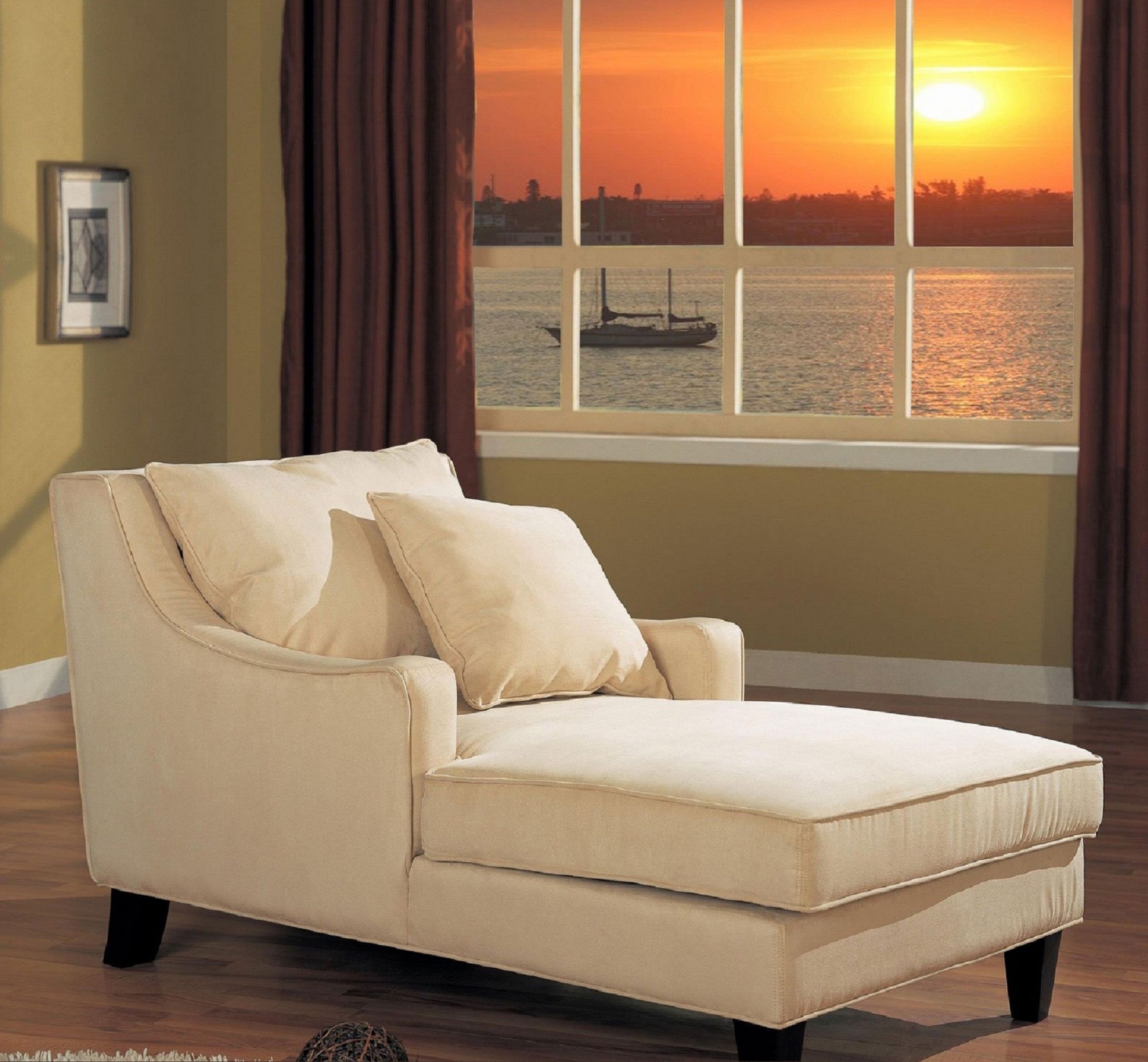 Wide Beige Upholstered Chaise Lounge With Arm And Cushion Having With Regard To Trendy Wide Chaise Lounges (View 11 of 15)