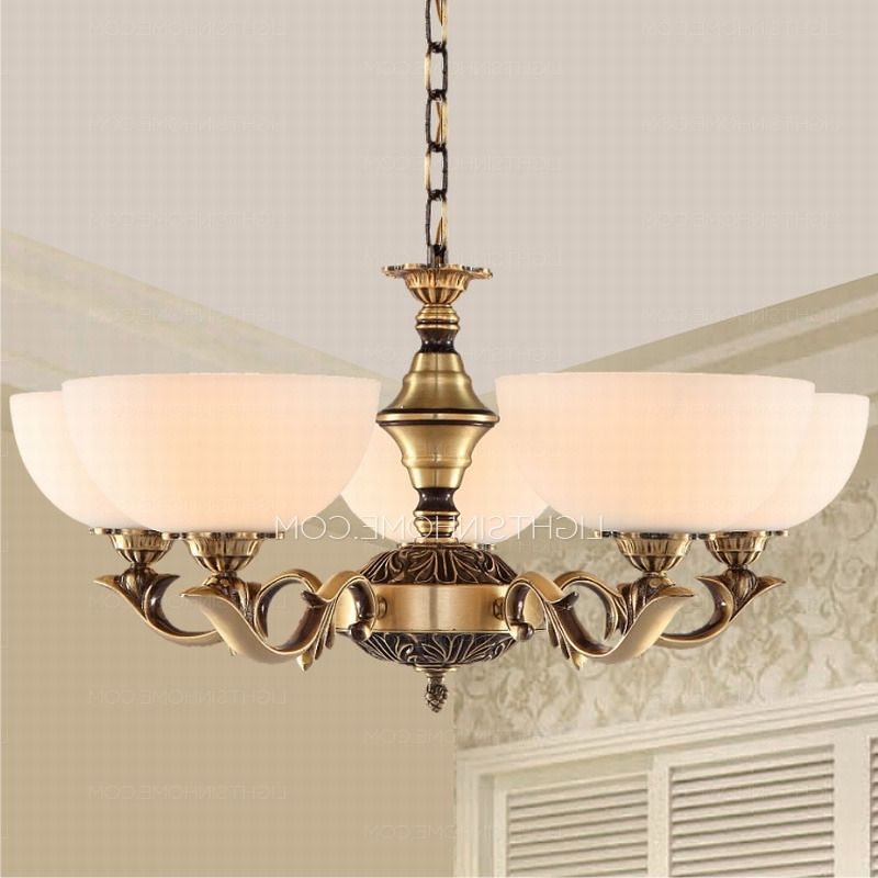 Brass Chandeliers Throughout Current 5 Light Uplight Glass Shade Antique Brass Chandeliers (View 6 of 10)