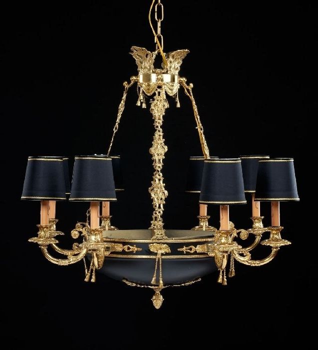 Check Out This 8 Light French Gold Chandelier With Black Shades Within Popular French Gold Chandelier (View 2 of 10)