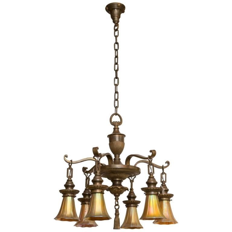 Famous Edwardian Chandelier For Six Arm Bronze Edwardian Chandelier With Art Glass Shades For Sale (View 9 of 10)