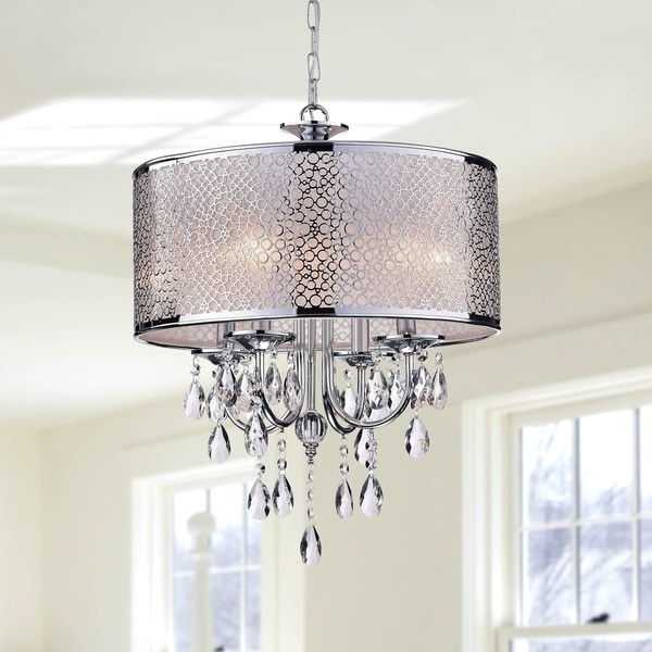 Indoor 4 Light Chrome/ Crystal/ White Shades Chandelier – Free Regarding Most Recently Released 4 Light Chrome Crystal Chandeliers (View 9 of 10)