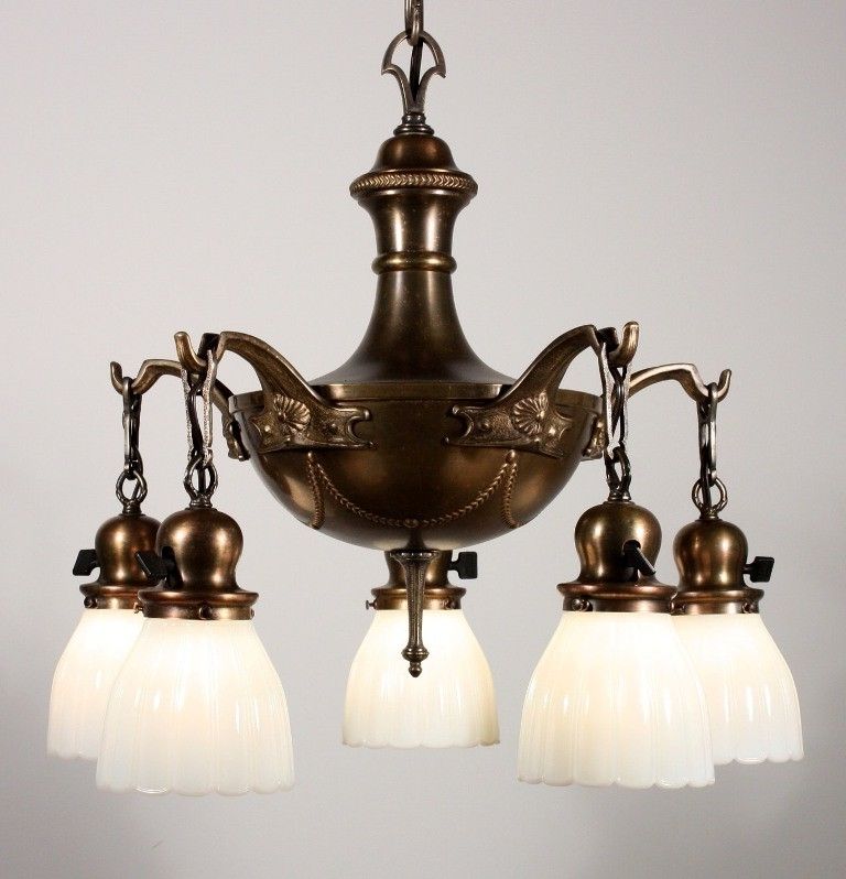 Newest Wonderful Antique Five Light Brass Chandelier With Original Glass For Old Brass Chandelier (View 10 of 10)
