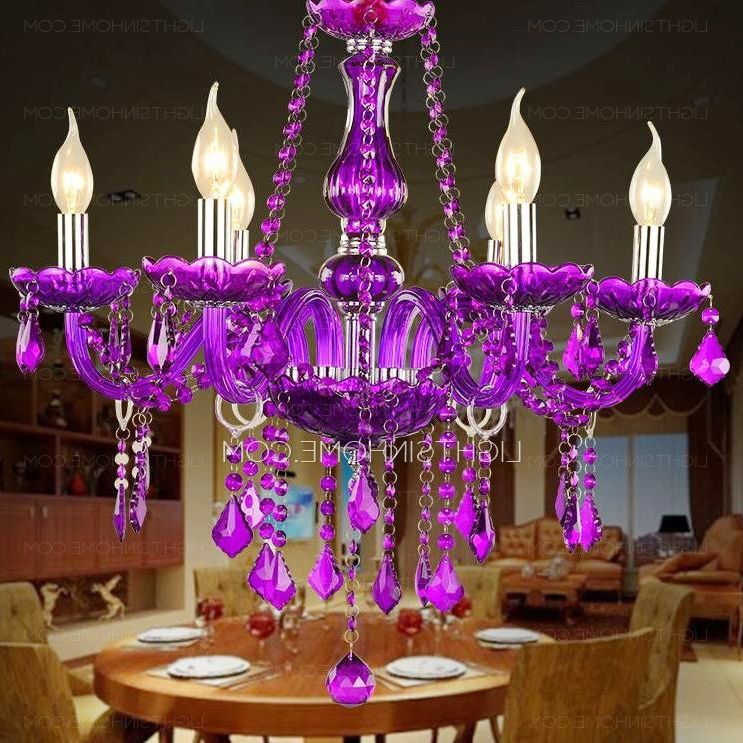 Trendy Classic 6 Light Candle Like Purple Crystal Chandelier For Living Room In Purple Crystal Chandelier Lights (View 5 of 10)