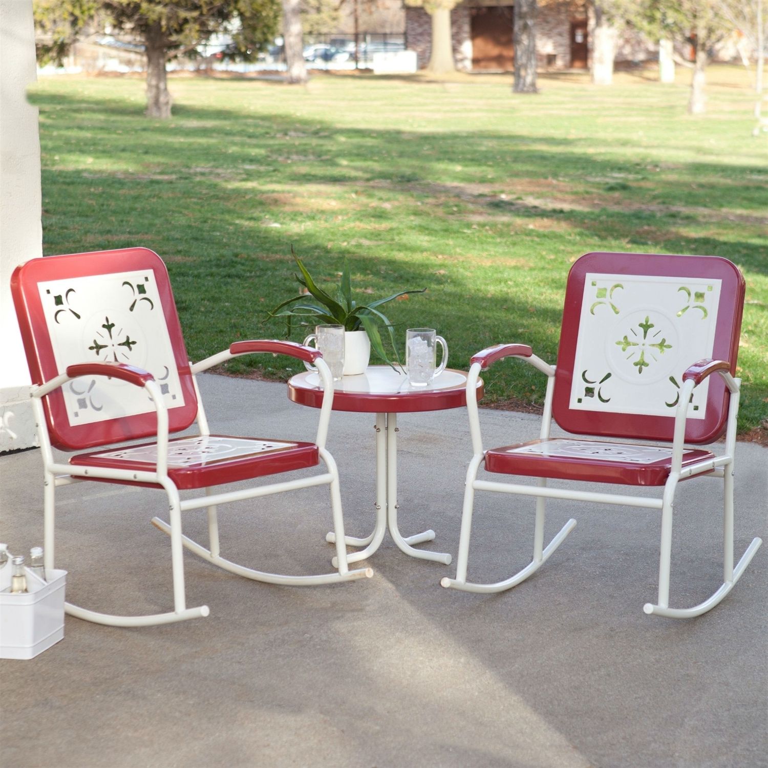 2018 Cherry Red Retro Patio 3 Pc. Metal Rocker Rocking Chair Set With Patio Rocking Chairs Sets (Photo 3 of 15)