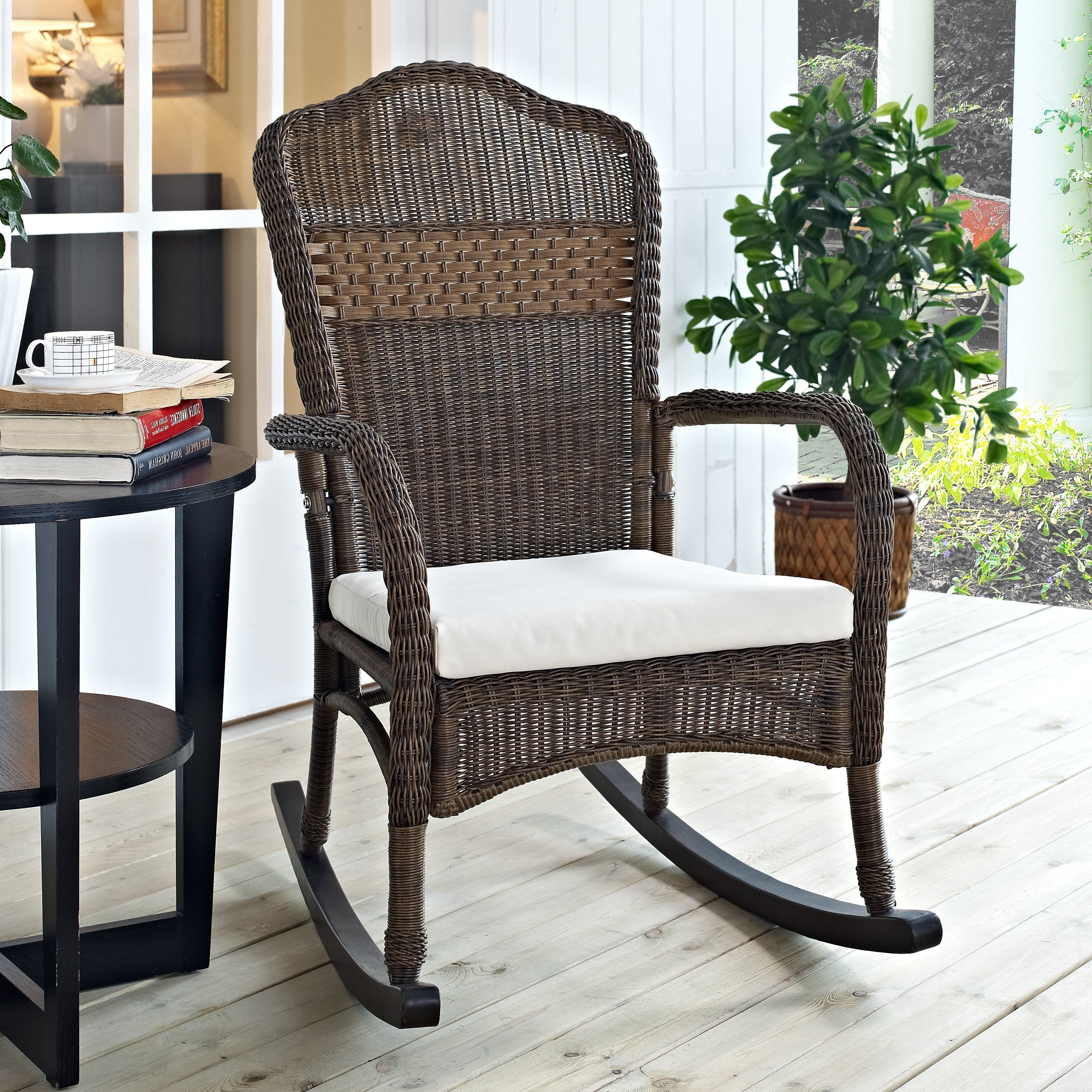 55 White Wicker Rocking Chair, 3 Pc Outdoor Patio Coastal White Intended For Fashionable White Wicker Rocking Chairs (Photo 13 of 15)