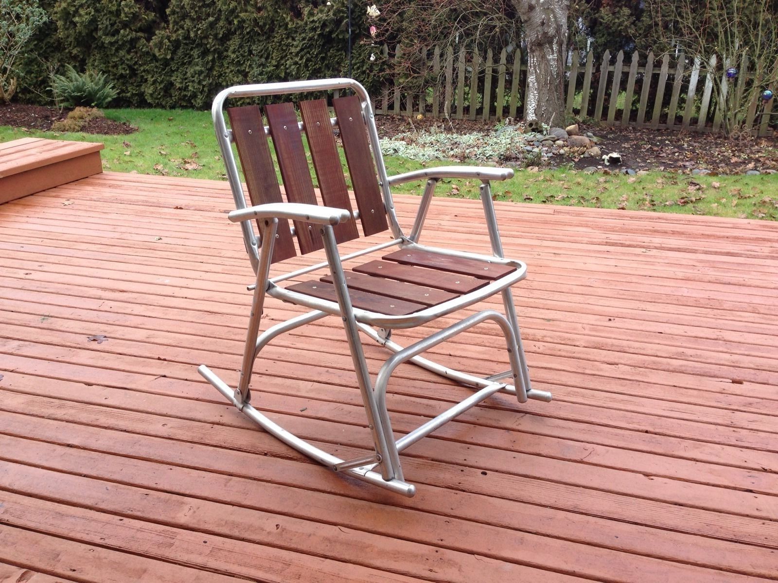 Aluminum Patio Rocking Chairs For Well Known 1 Vtg Redwood Aluminum Outdoor Patio Porch Lawn Rocking Chairs (View 13 of 15)