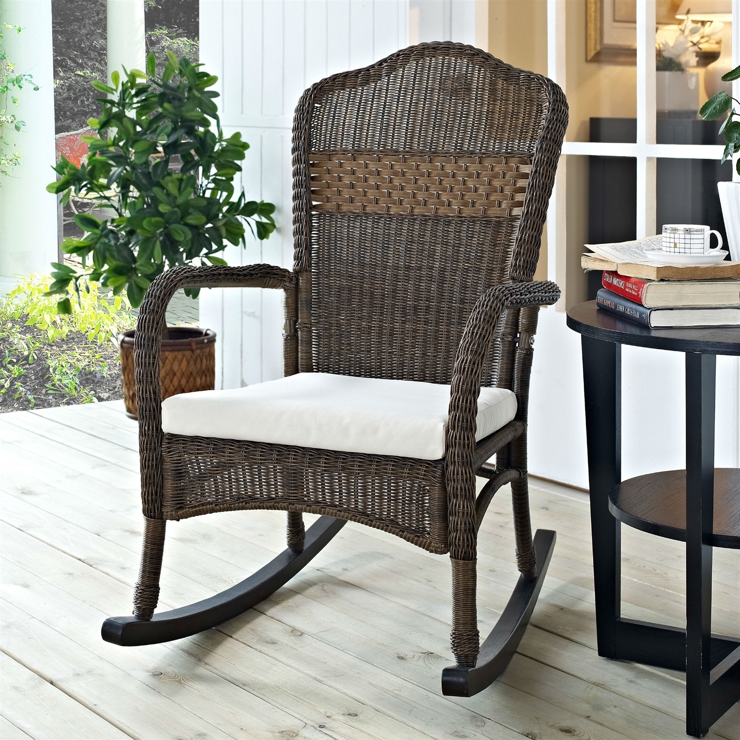 Indoor/outdoor Patio Porch Mocha Wicker Rocking Chair With Beige Within Favorite Indoor Wicker Rocking Chairs (Photo 1 of 15)