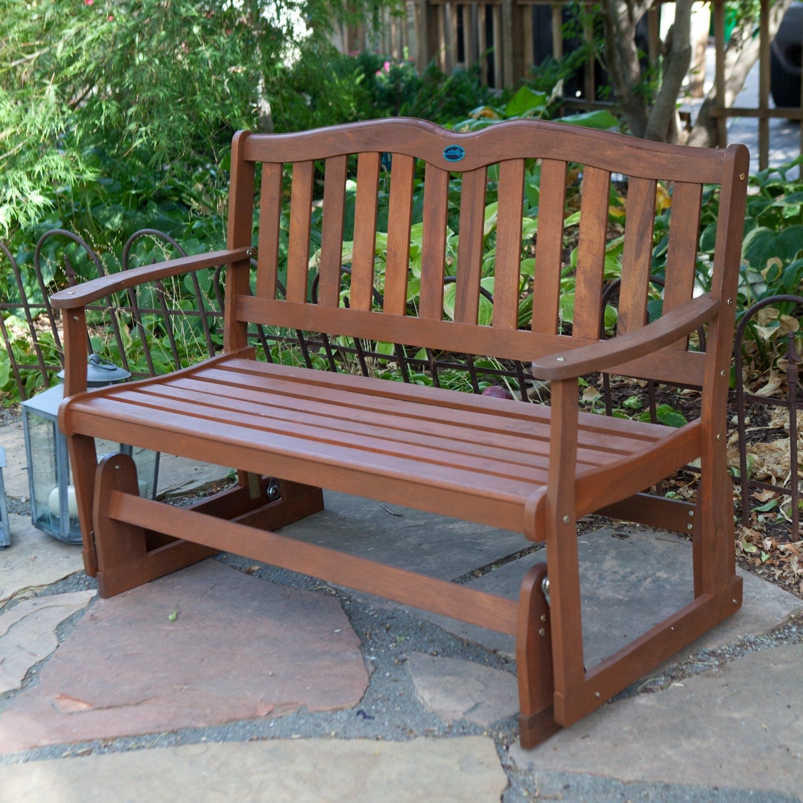 Popular Patio Furniture Rocking Benches Regarding Outdoor 2 Person Glider Wooden Patio Rocking Bench Loveseat Garden (View 10 of 15)