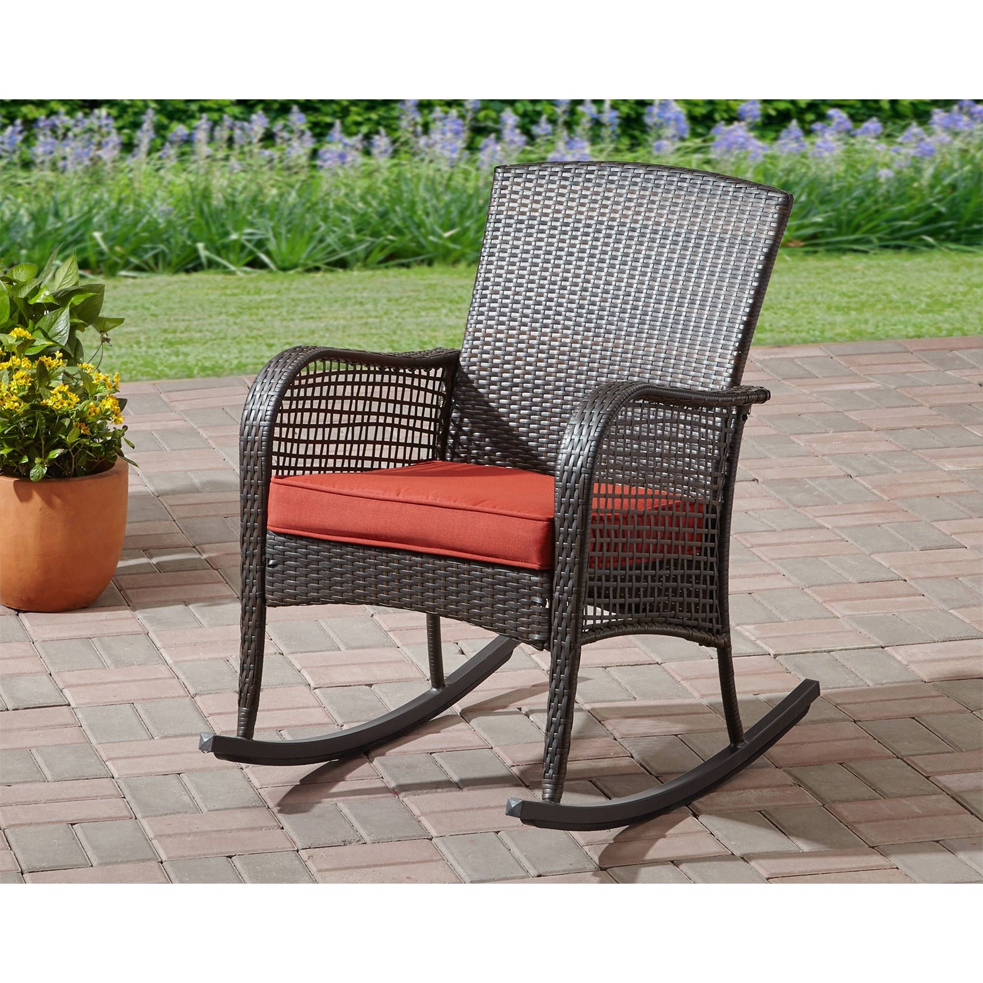 Rocking Chair Cushion Seat Wicker Steel Frame Outdoor Patio Deck For Best And Newest Outdoor Wicker Rocking Chairs With Cushions (Photo 7 of 15)