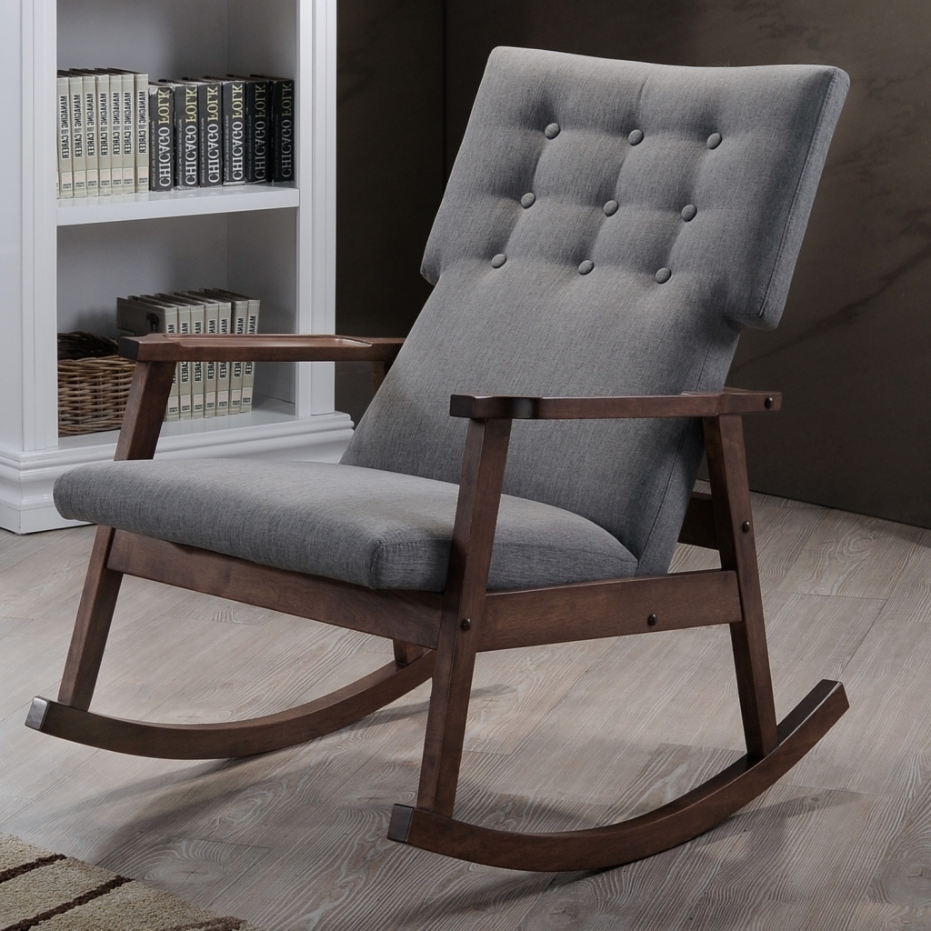 Rocking Chairs At Target Regarding Most Recent Furniture Gray Upholstered Rocking Chair With Dark Wood Frame On In (Photo 2 of 15)