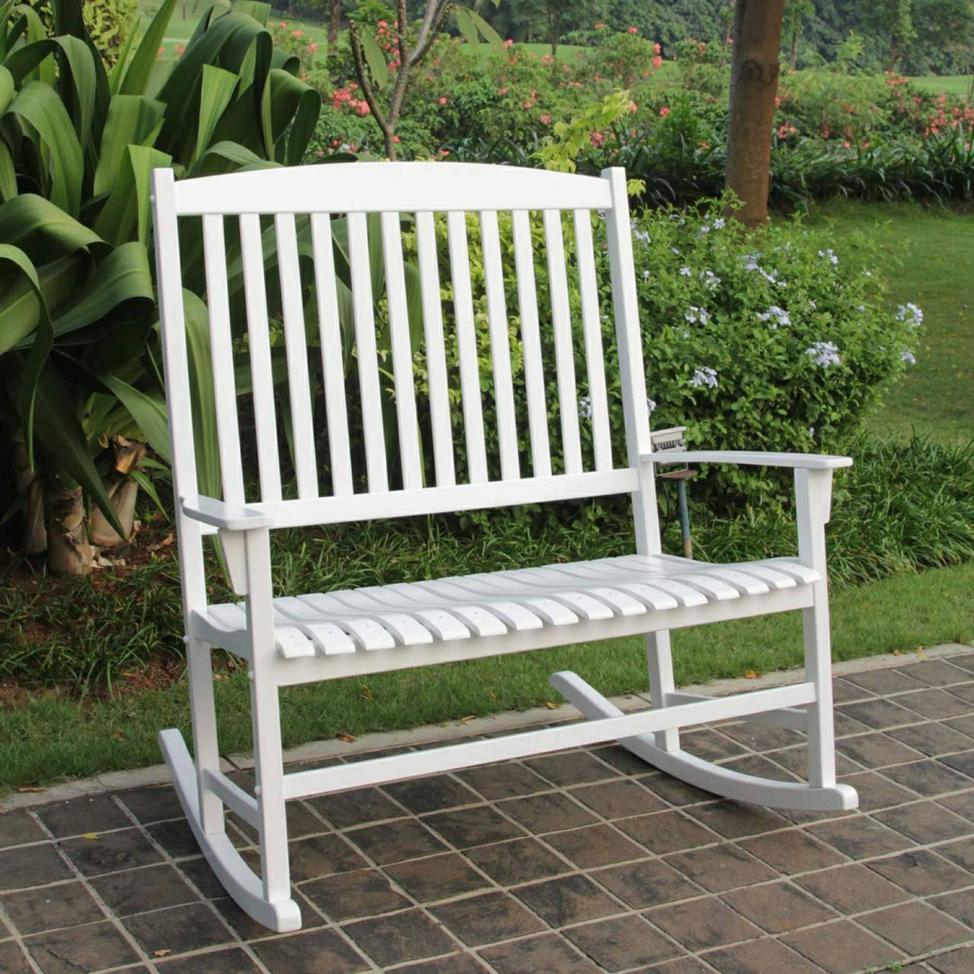 Wooden Patio Rocking Chairs For Most Recent Mainstays Outdoor Double Rocking Chair White Solid Hardwood Wide (View 12 of 15)