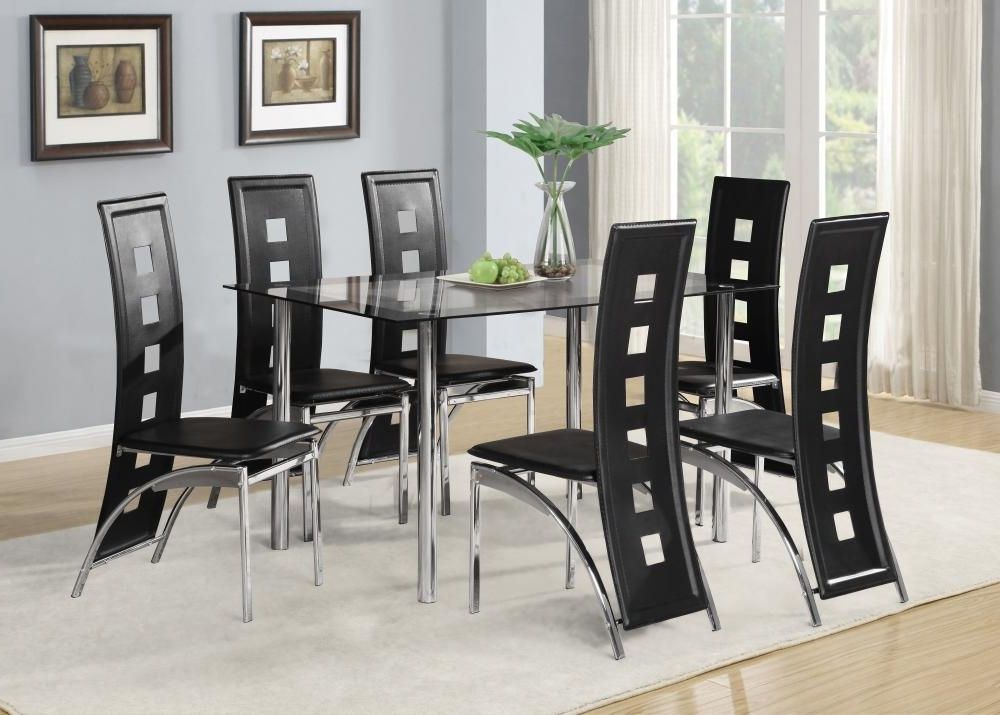 2017 Black Glass Dining Tables And 6 Chairs With Black Glass Dining Room Table Set And With 4 Or 6 Faux Leather (Photo 3 of 20)