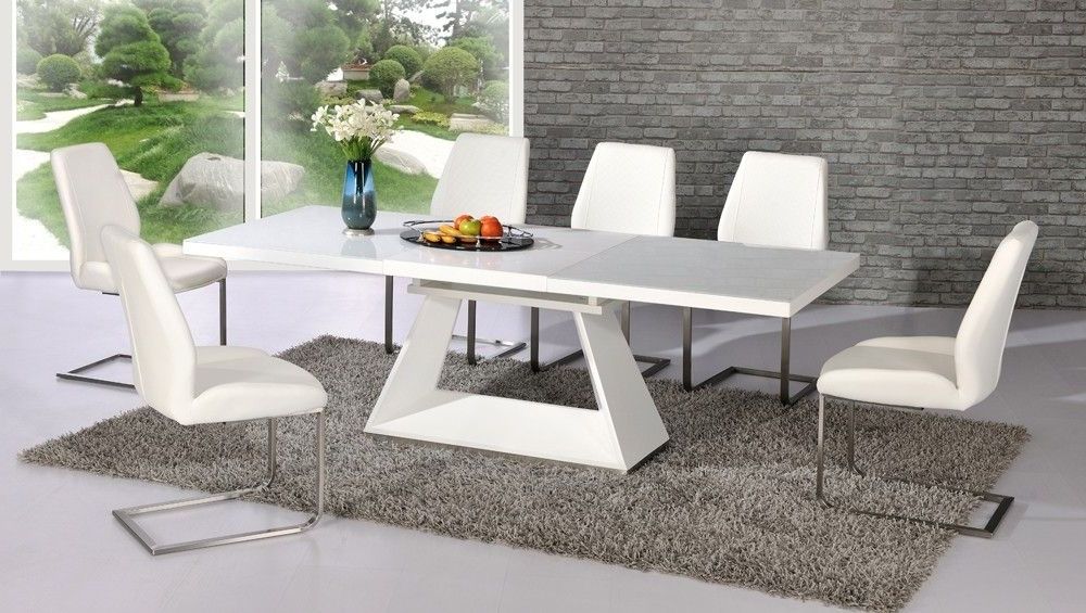2018 Amsterdam White Glass And Gloss Extending Dining Table 6 Chairs Regarding White Extendable Dining Tables And Chairs (Photo 6 of 20)