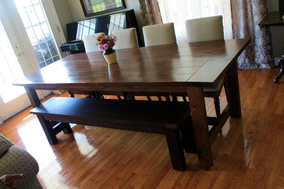 2018 Small Dark Wood Dining Tables Inside Dark Brown Stained Oak Wood Dining Table With Black Bench Combined (View 10 of 20)