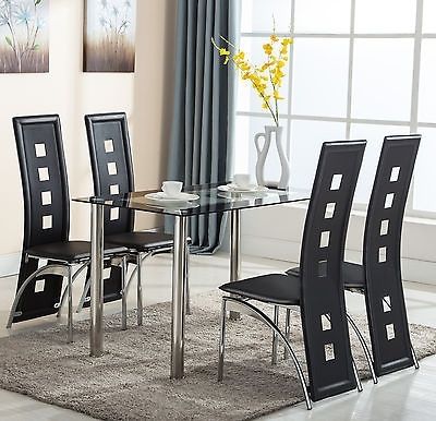 5 Piece Glass Dining Table Set 4 Leather Chairs Kitchen Room Within Most Recent Glass Dining Tables And Leather Chairs (Photo 15 of 20)