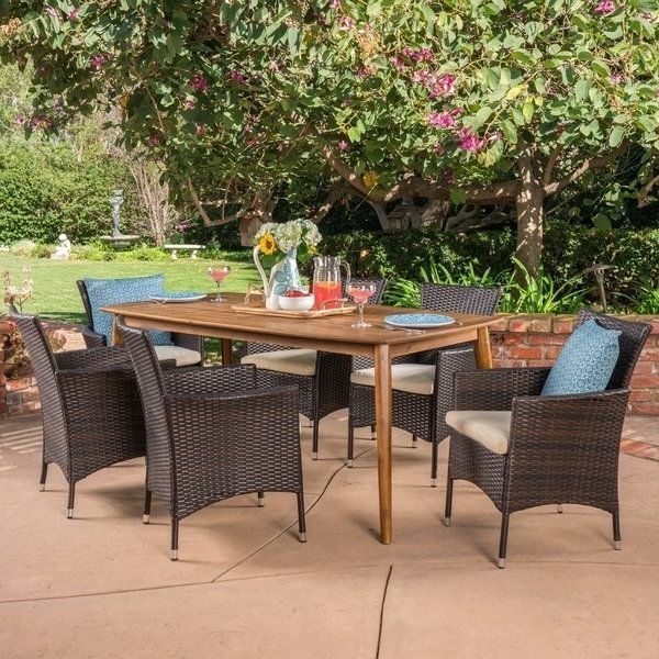 Best And Newest Shop Jaxon Outdoor 7 Piece Multibrown Pe Wicker Dining Set With For Jaxon Grey 7 Piece Rectangle Extension Dining Sets With Uph Chairs (View 4 of 20)