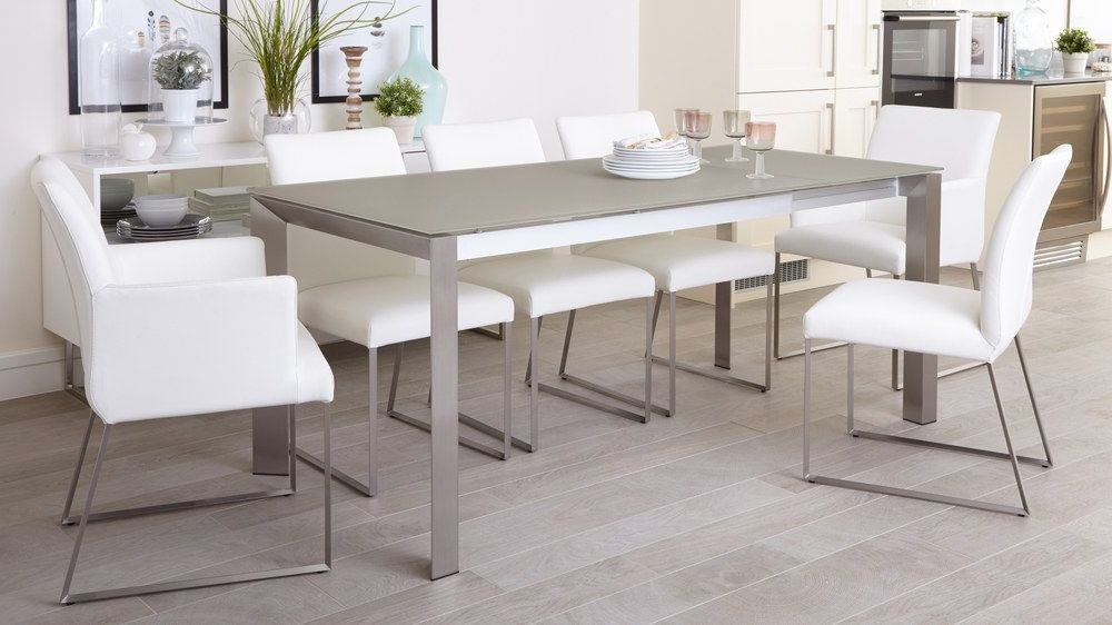 Best And Newest Smoked Glass Dining Tables And Chairs Inside Grey Frosted Glass Dining Table (Photo 5 of 20)
